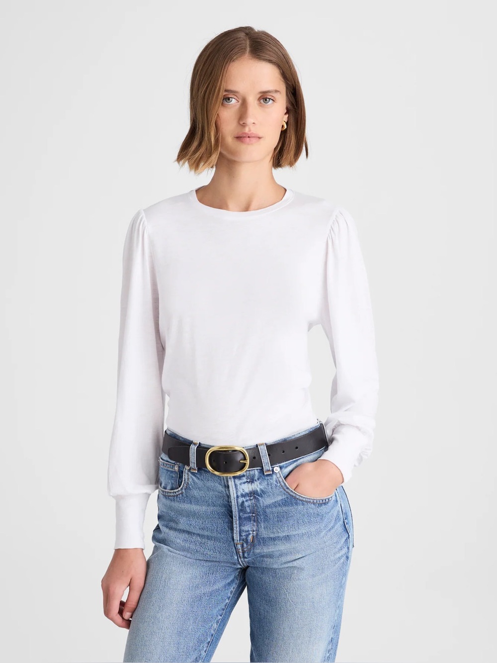 Madewell Smocked Long-Sleeve Top in Soft Slub in White Size XXS